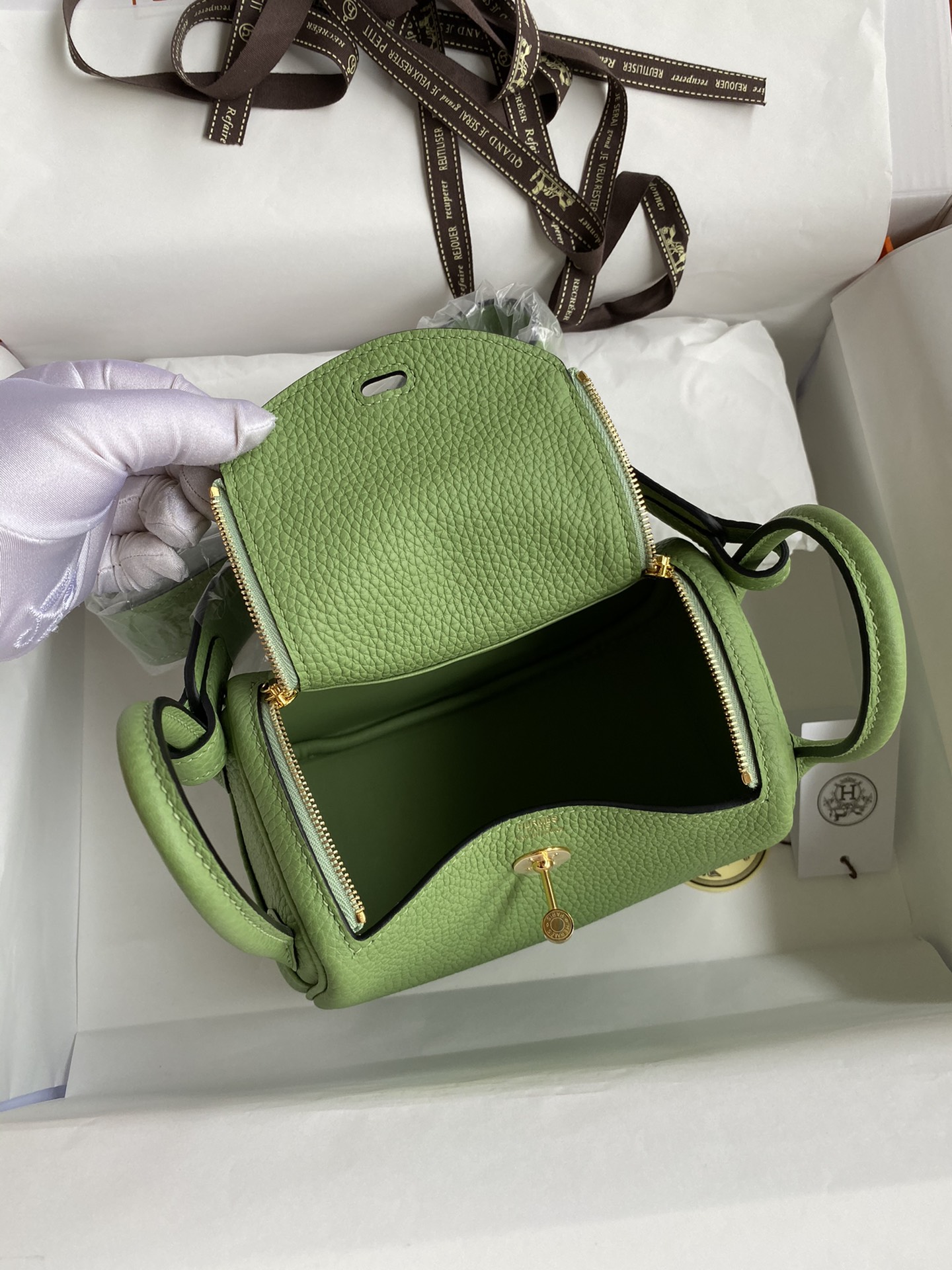 Hermes Mini Lindy 19cm Handbag Shoulder Bag In Green Kiwi Clemence Leather